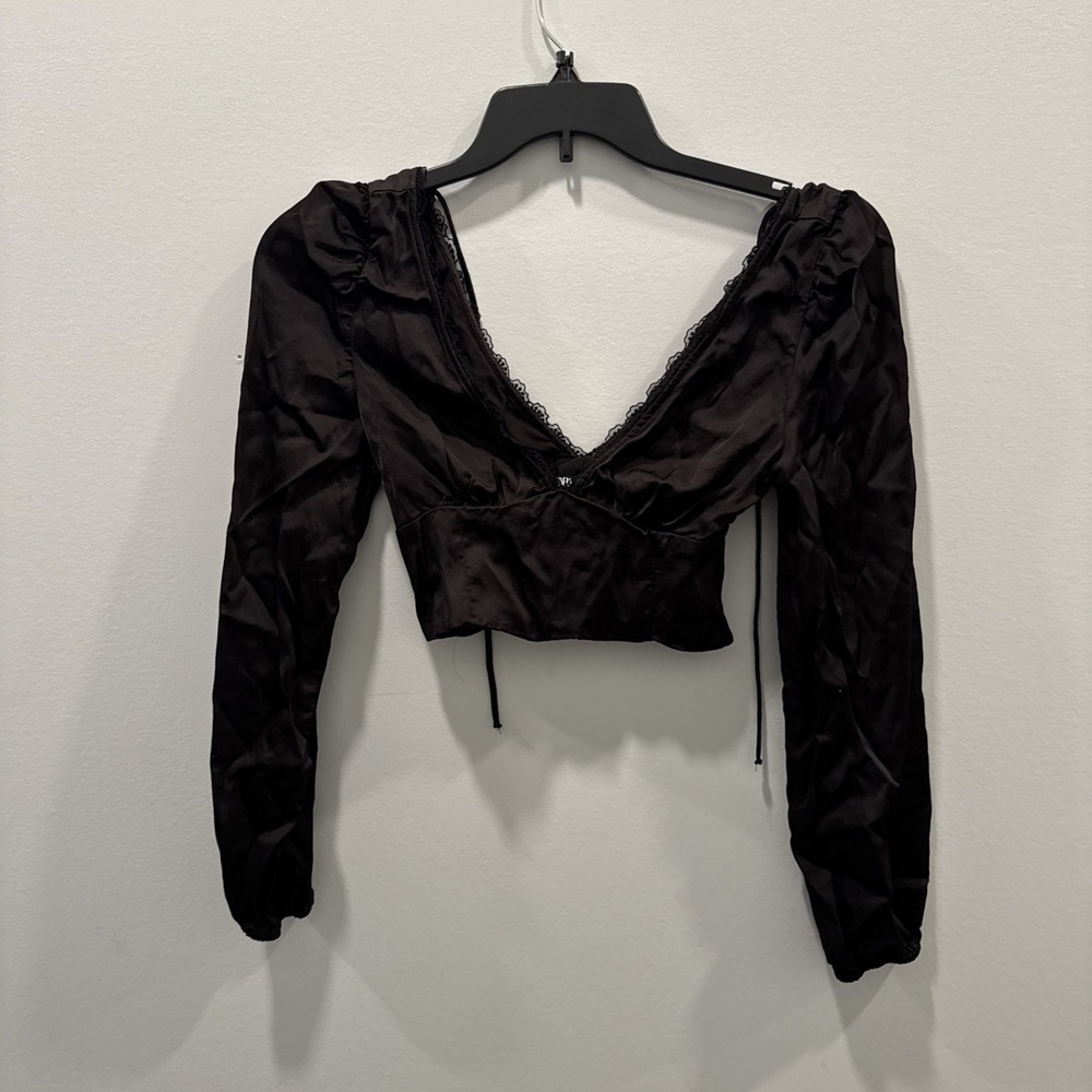 ZARA Black Crop Blouse Size Large Puffy Sleeve Stretch Women Going Out New W/Tag